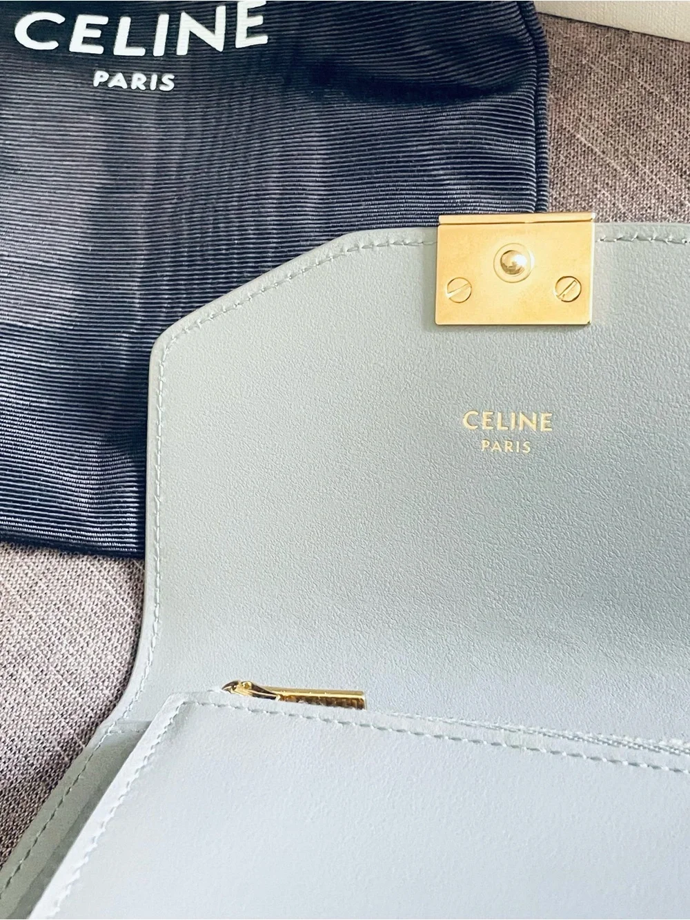 Celine Light Gray Leather Card Holder with Gold Lock